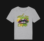 Gray t-shirt with a graphic design of lips and leaves on a white background