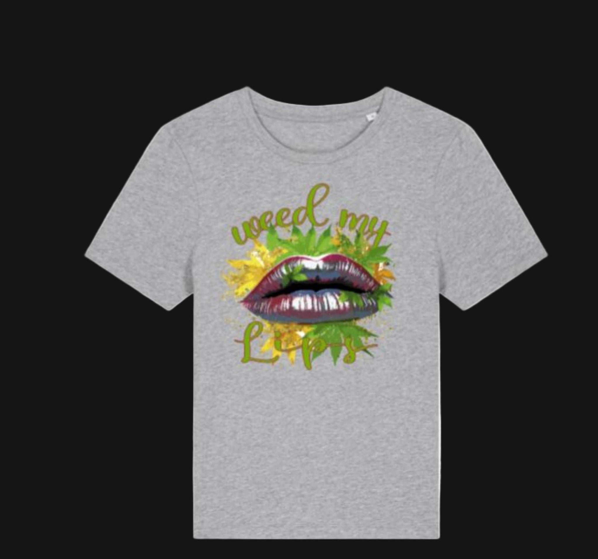 Gray t-shirt with a graphic design of lips and leaves on a white background