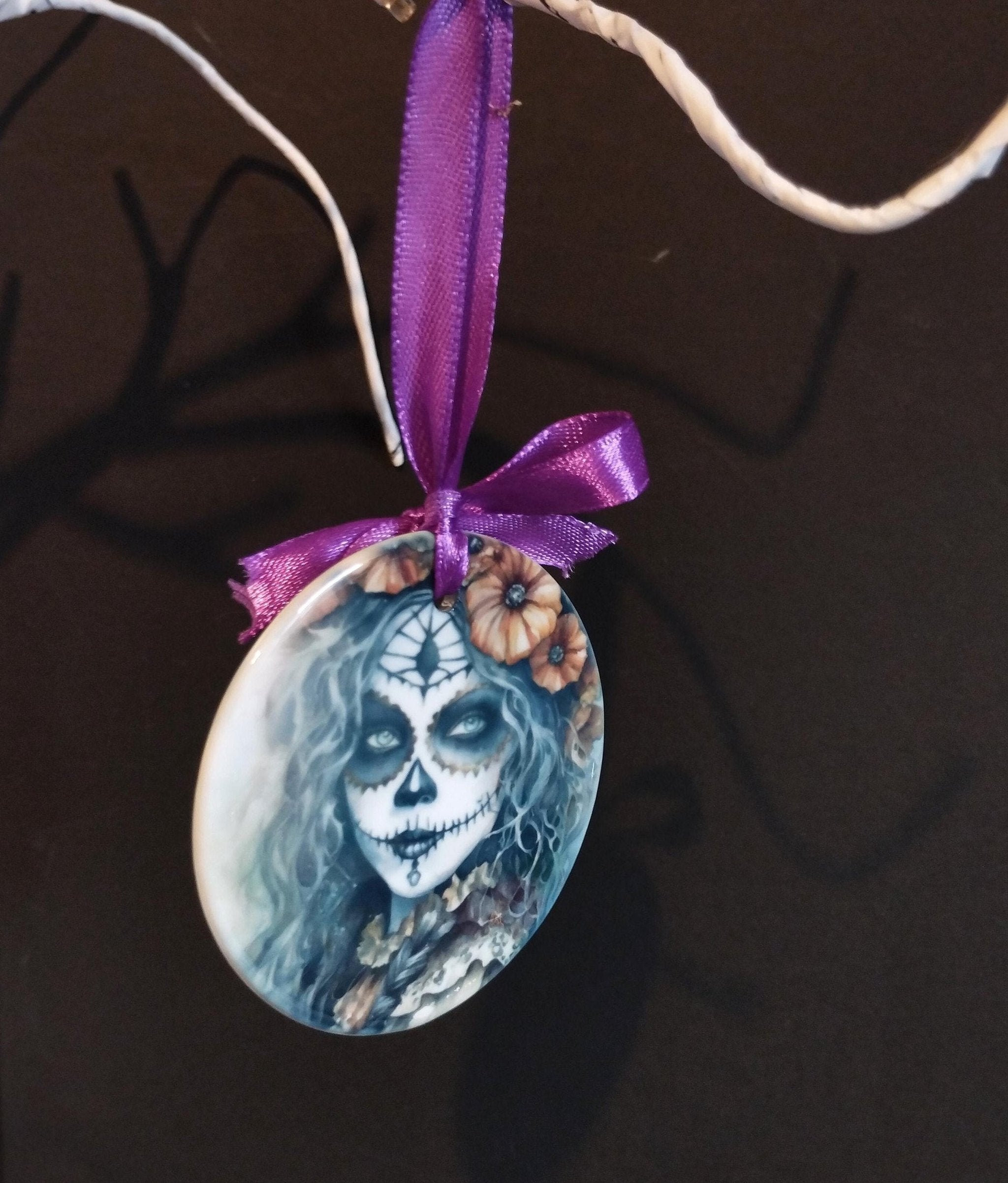 Day of the Dead Ceramic Tree Decoration: Gothic Halloween Ornament