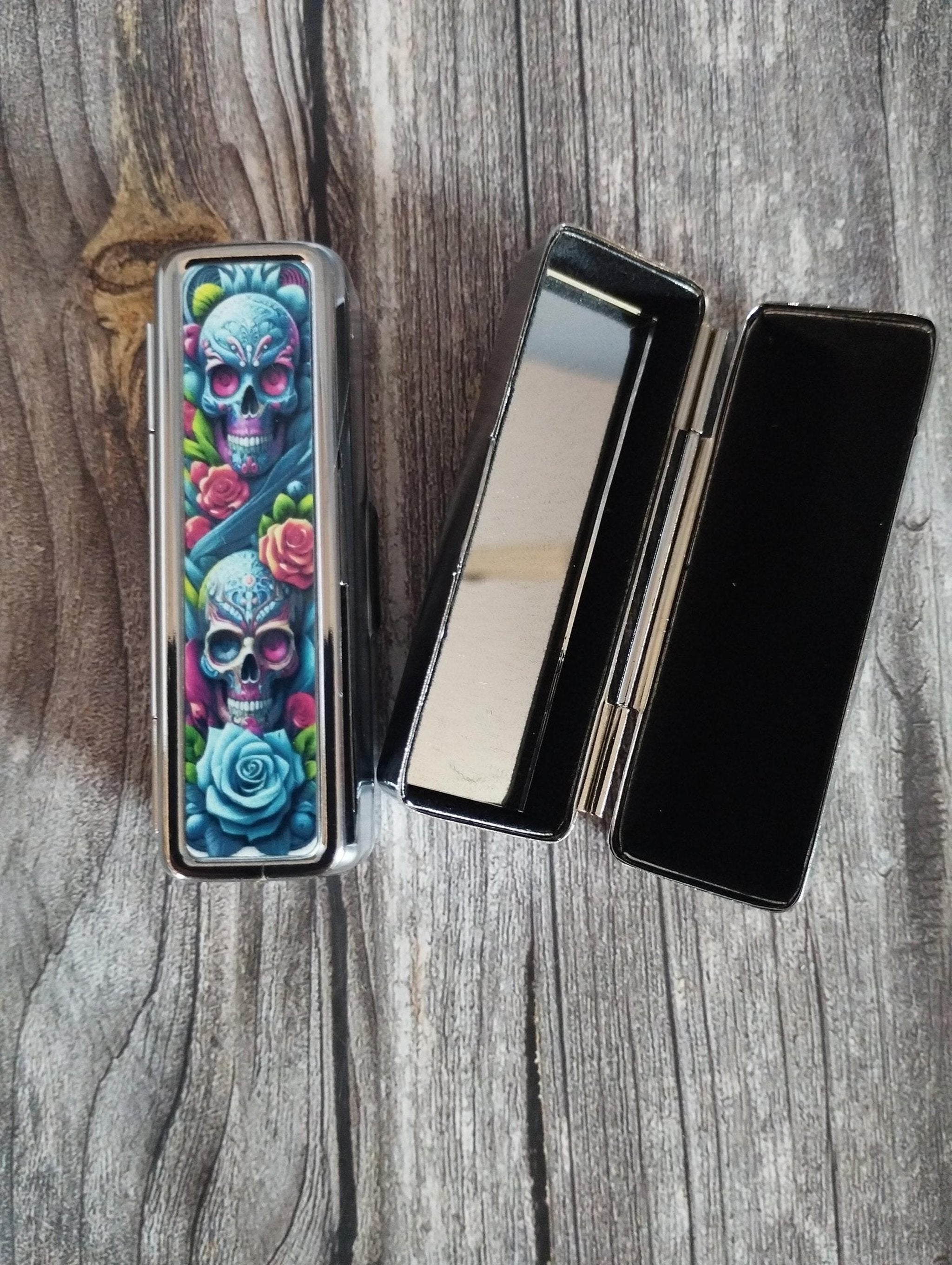 Gothic Skull Lipstick Case: Metal Lipstick Tin with Mirror
