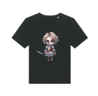 Black t-shirt with a graphic design of a character holding a sword on a white background