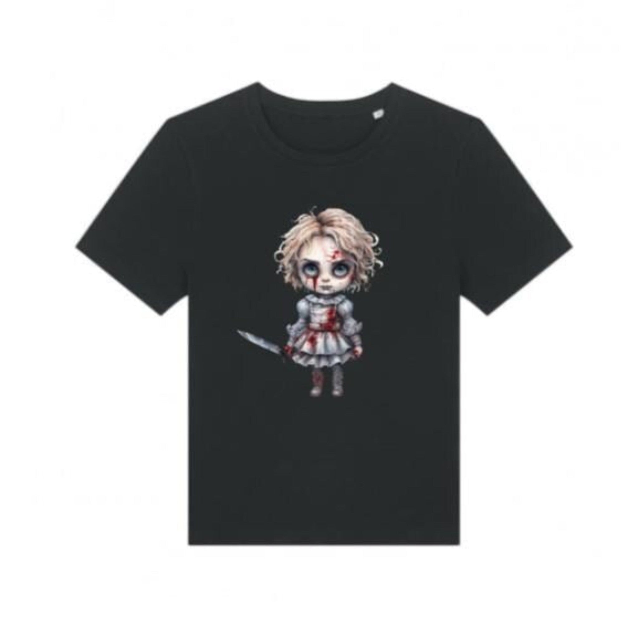 Black t-shirt with a graphic design of a character holding a sword on a white background