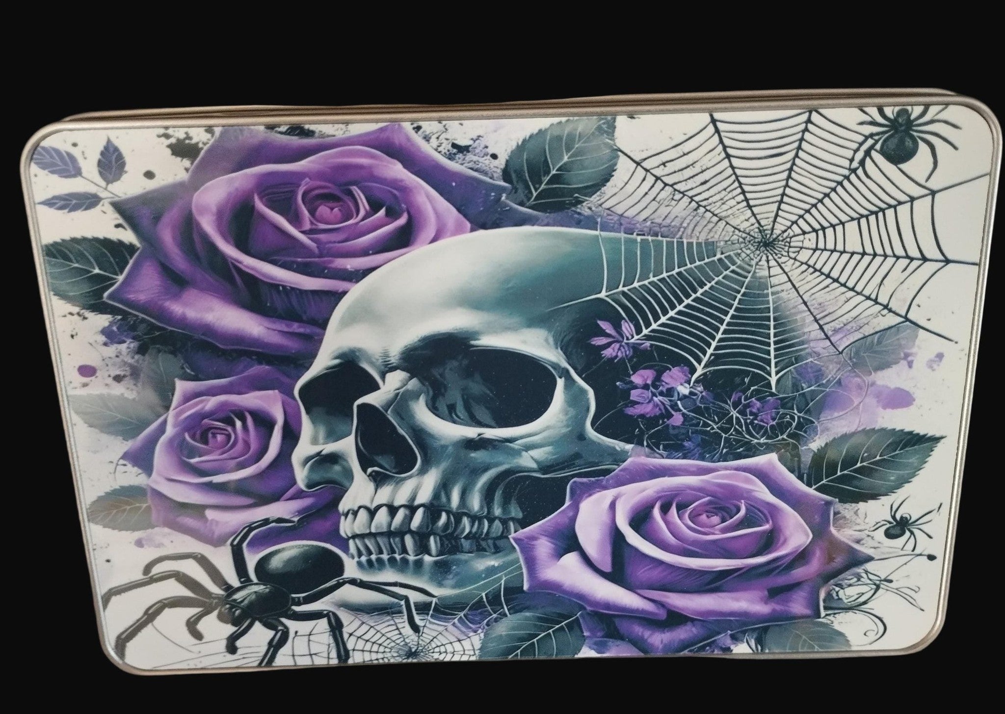 Decorative mouse pad with skull, purple roses, and spider web design.