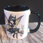 Mug with a fairy design on a wooden surface