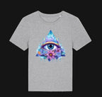 Gray t-shirt with a colorful eye design on a white background