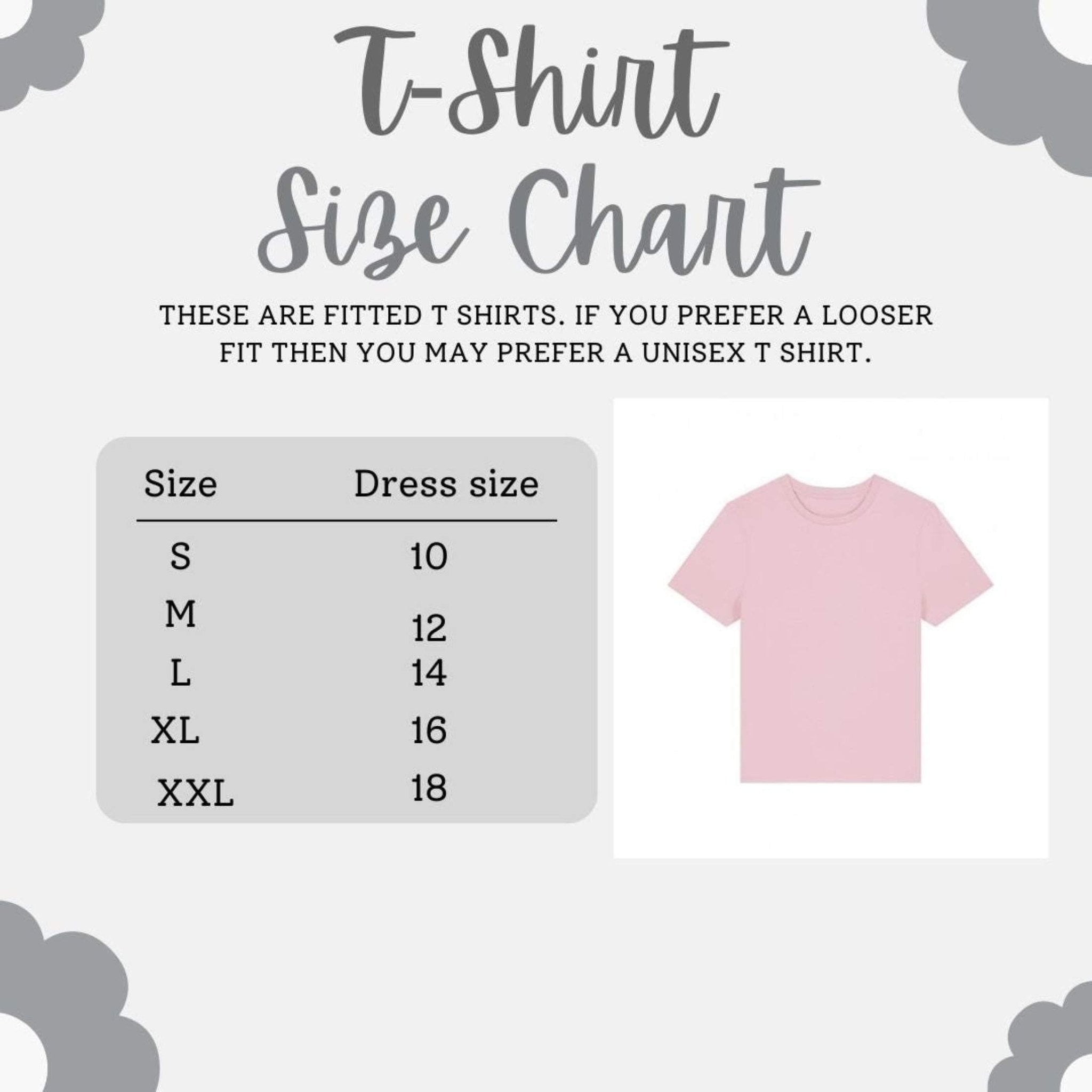 T-shirt size chart with corresponding dress sizes on a light gray background