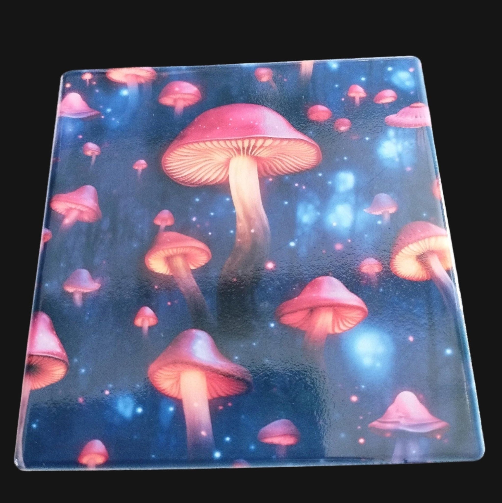 Mushroom-patterned object on a dark background