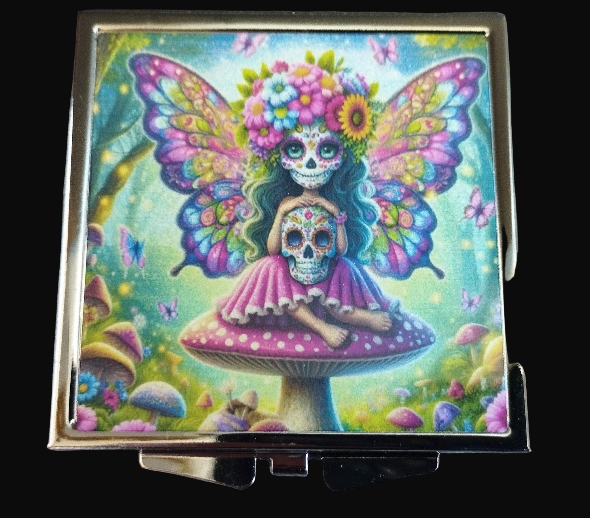 Colorful fantasy design with a butterfly and skull-themed character on a mushroom, set against a wooden background.