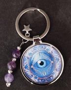 All Seeing Eye keyring with amethyst crystals and a charm, Witch Keyring