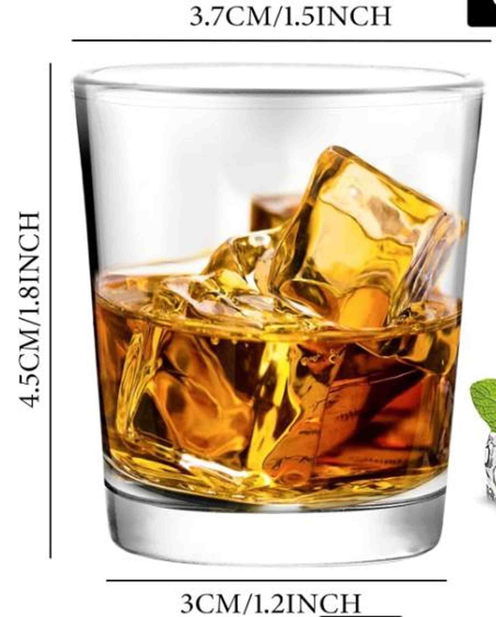 Glass of whiskey with ice cubes and measurements on the side