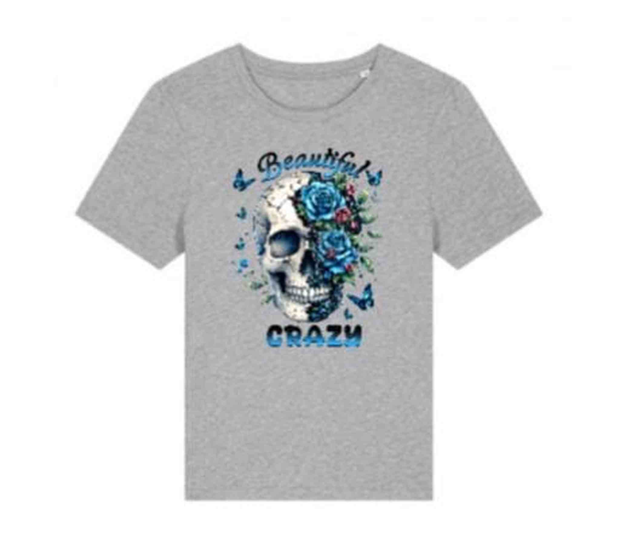 Gray t-shirt with a skull and floral design on a white background