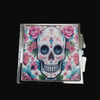 Colorful skull design with flowers on a wooden surface