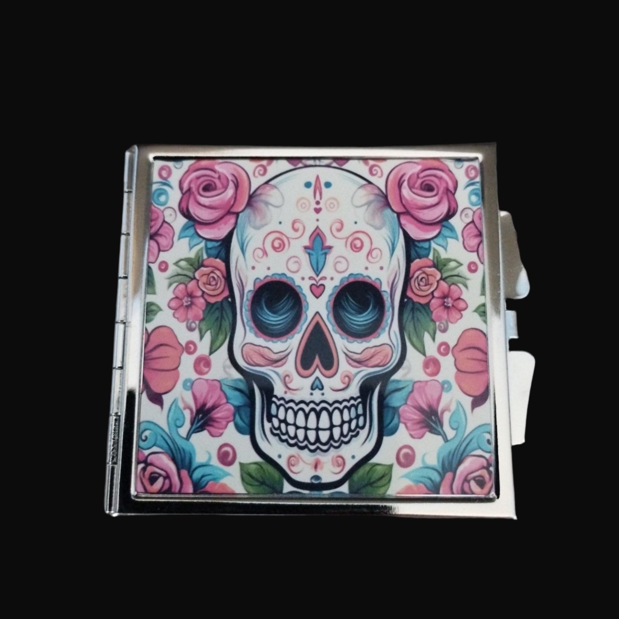 Colorful skull design with flowers on a wooden surface