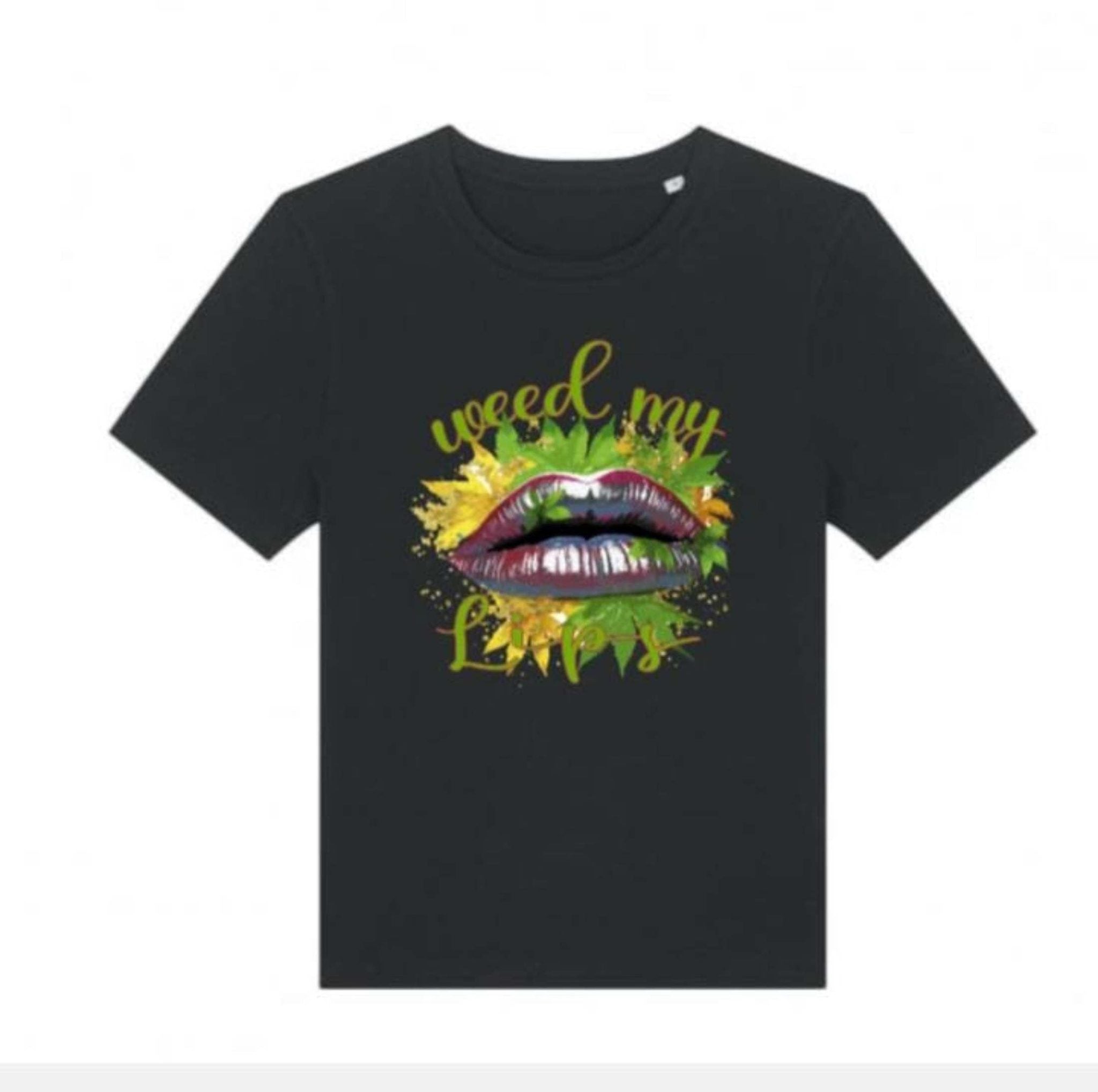 Black t-shirt with colorful graphic design and text on a white background