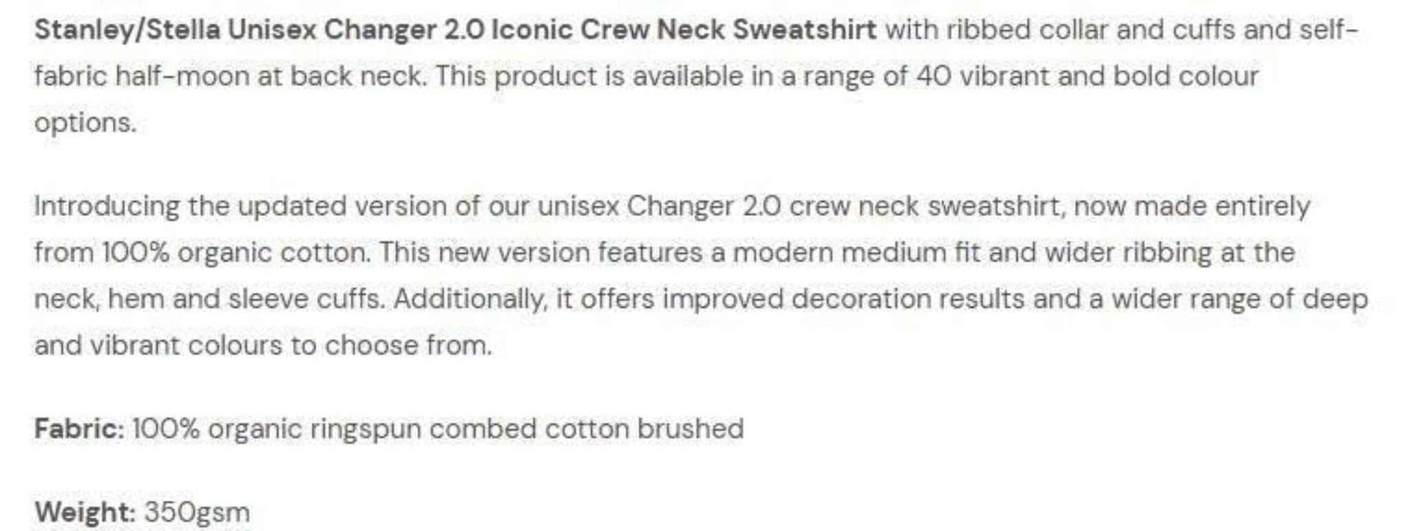 Text description of a sweatshirt with product details on a white background