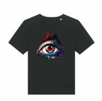 Black t-shirt with a colorful eye design on a white background