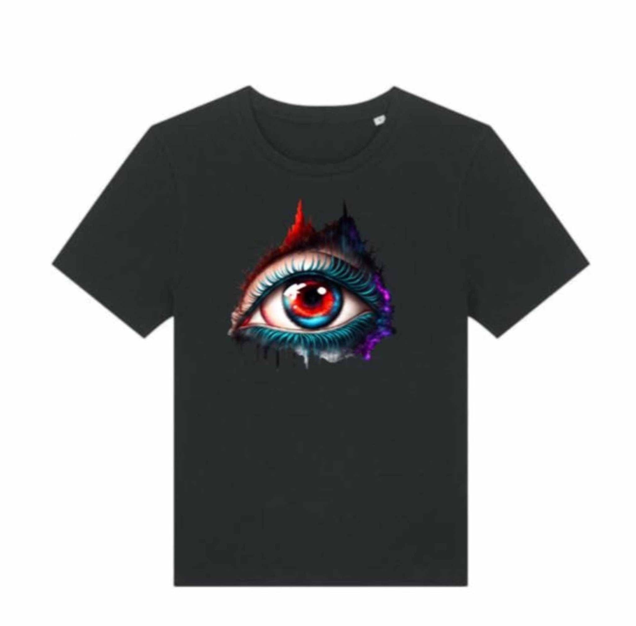 Black t-shirt with a colorful eye design on a white background