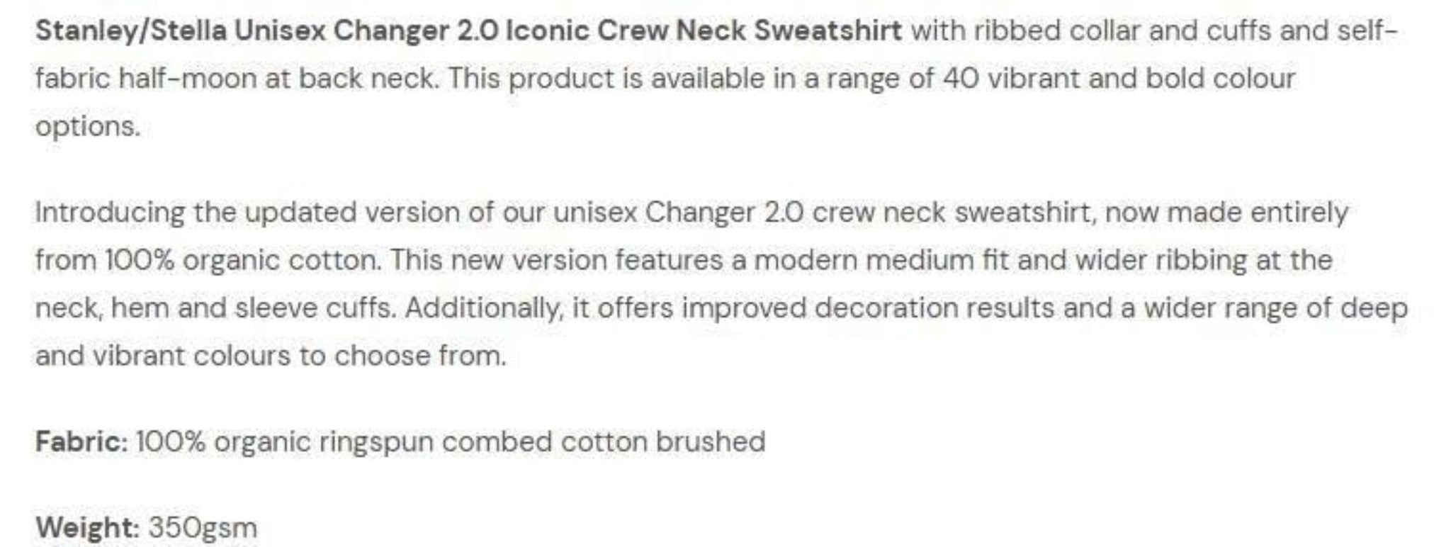 Text description of a Stanley/Stella Unisex Changer 2.0 Iconic Crew Neck Sweatshirt with product details.