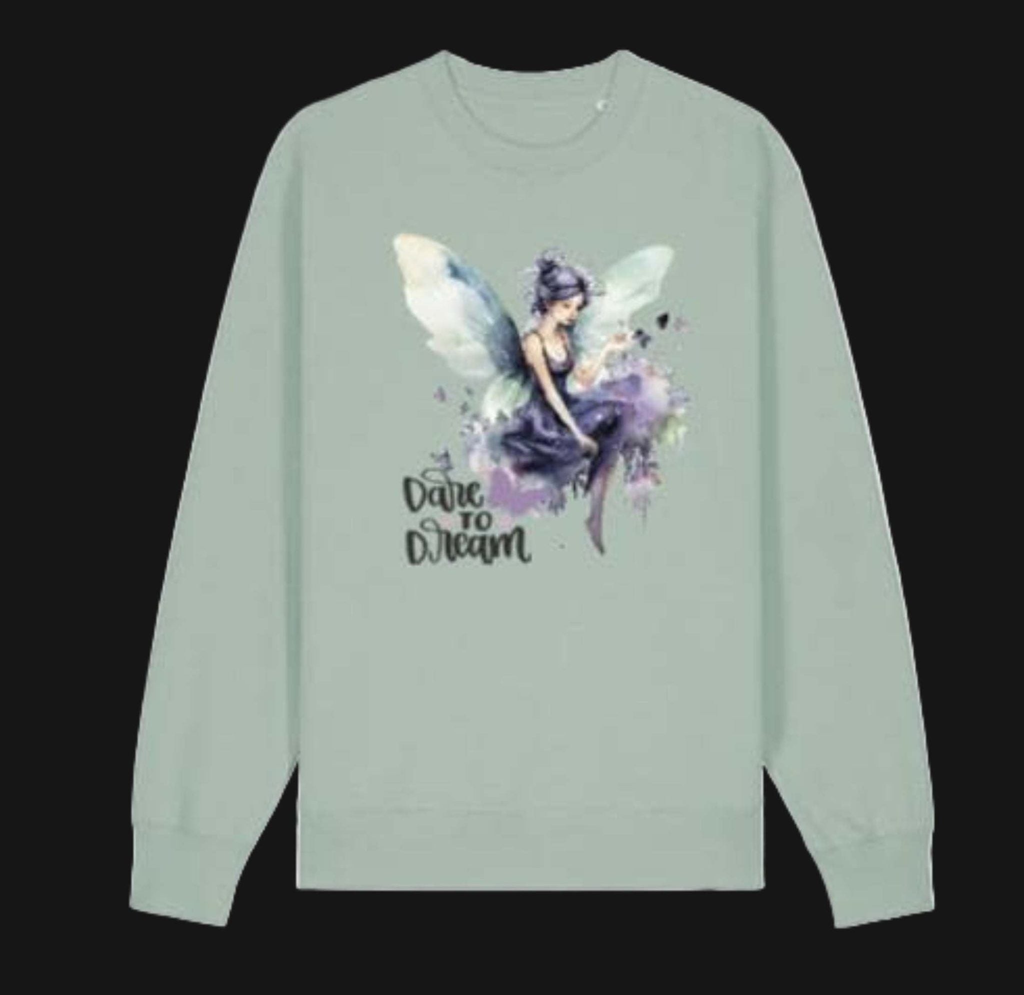 Light green sweatshirt with a fairy graphic and 'Dare to Dream' text on a white background