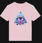 Pink t-shirt with a colorful eye design on a white background