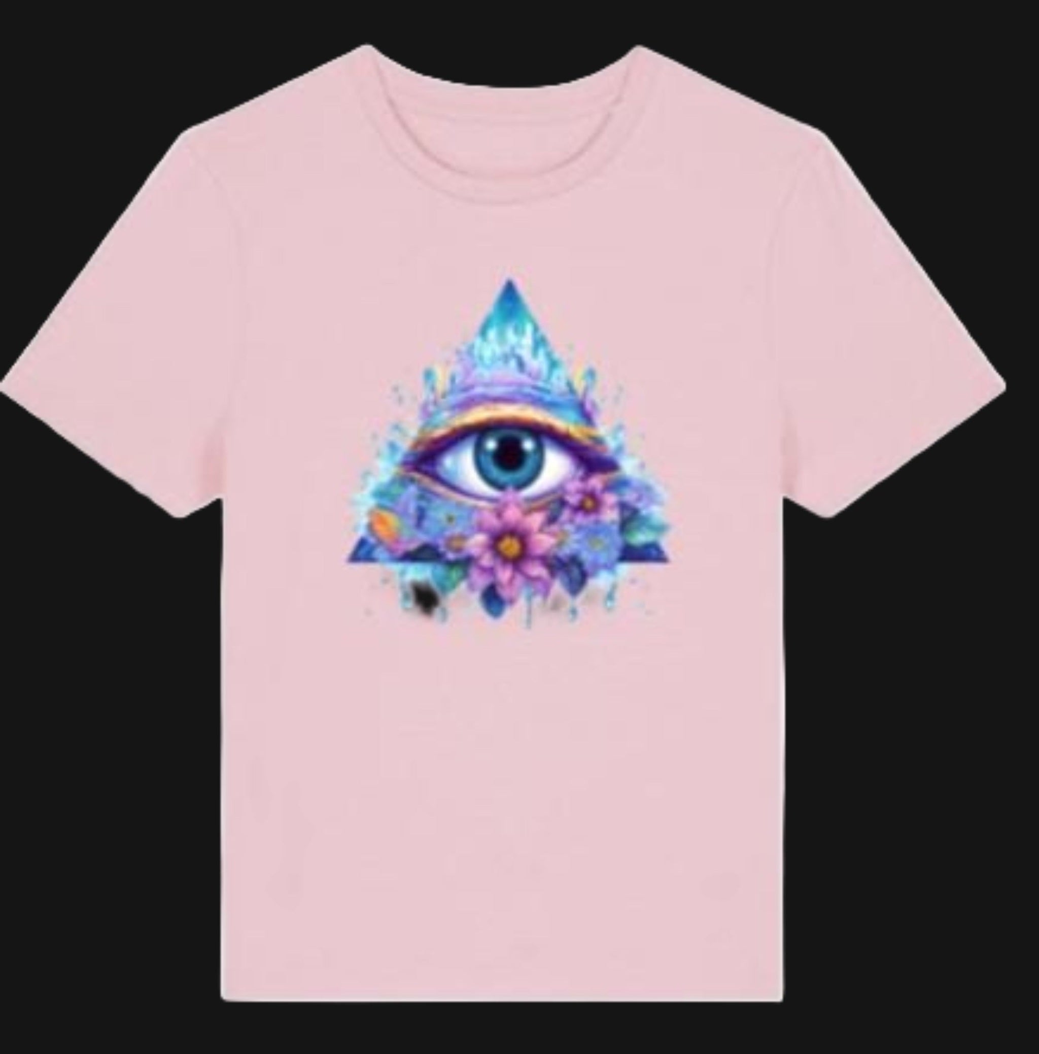 Pink t-shirt with a colorful eye design on a white background