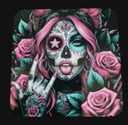 Mouse pad with a colorful design of a woman with a skull makeup, pink hair, and roses on a wooden surface.