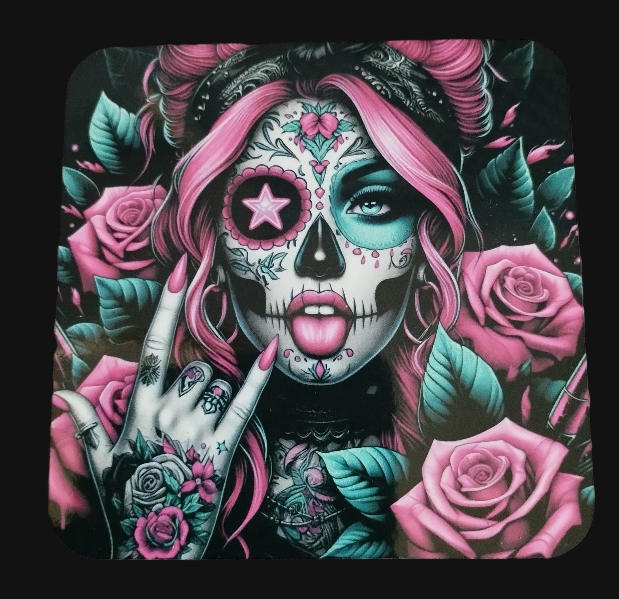 Mouse pad with a colorful design of a woman with a skull makeup, pink hair, and roses on a wooden surface.