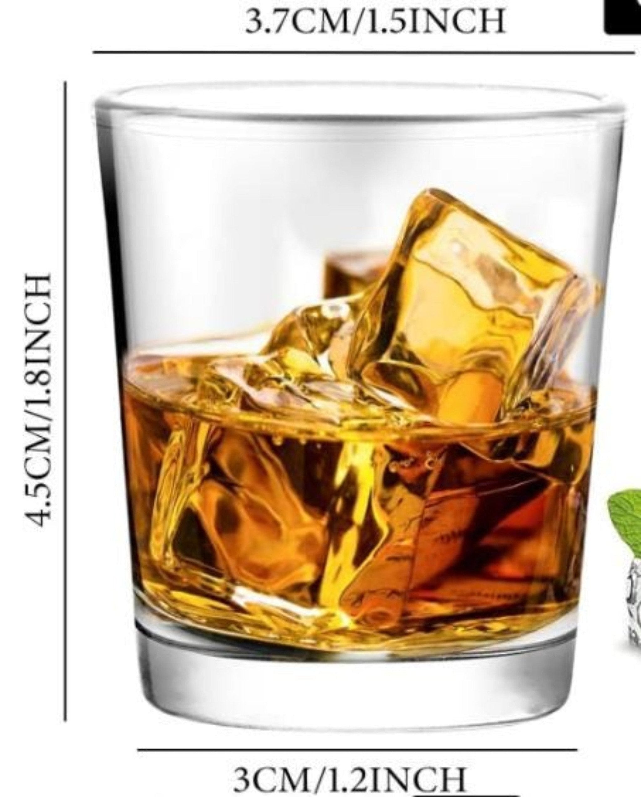 Glass of whiskey with ice cubes and measurements on the side