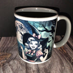 Mug with a witch design on a wooden surface