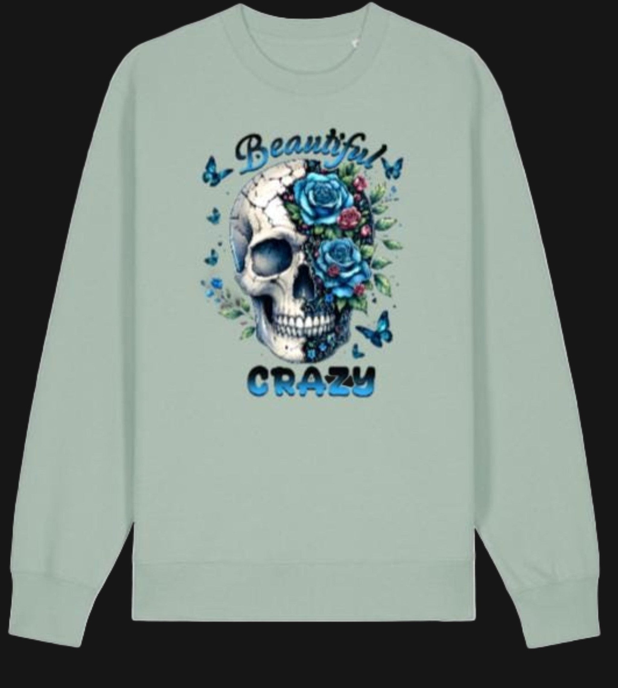 Light green sweatshirt with a skull and floral design on a white background
