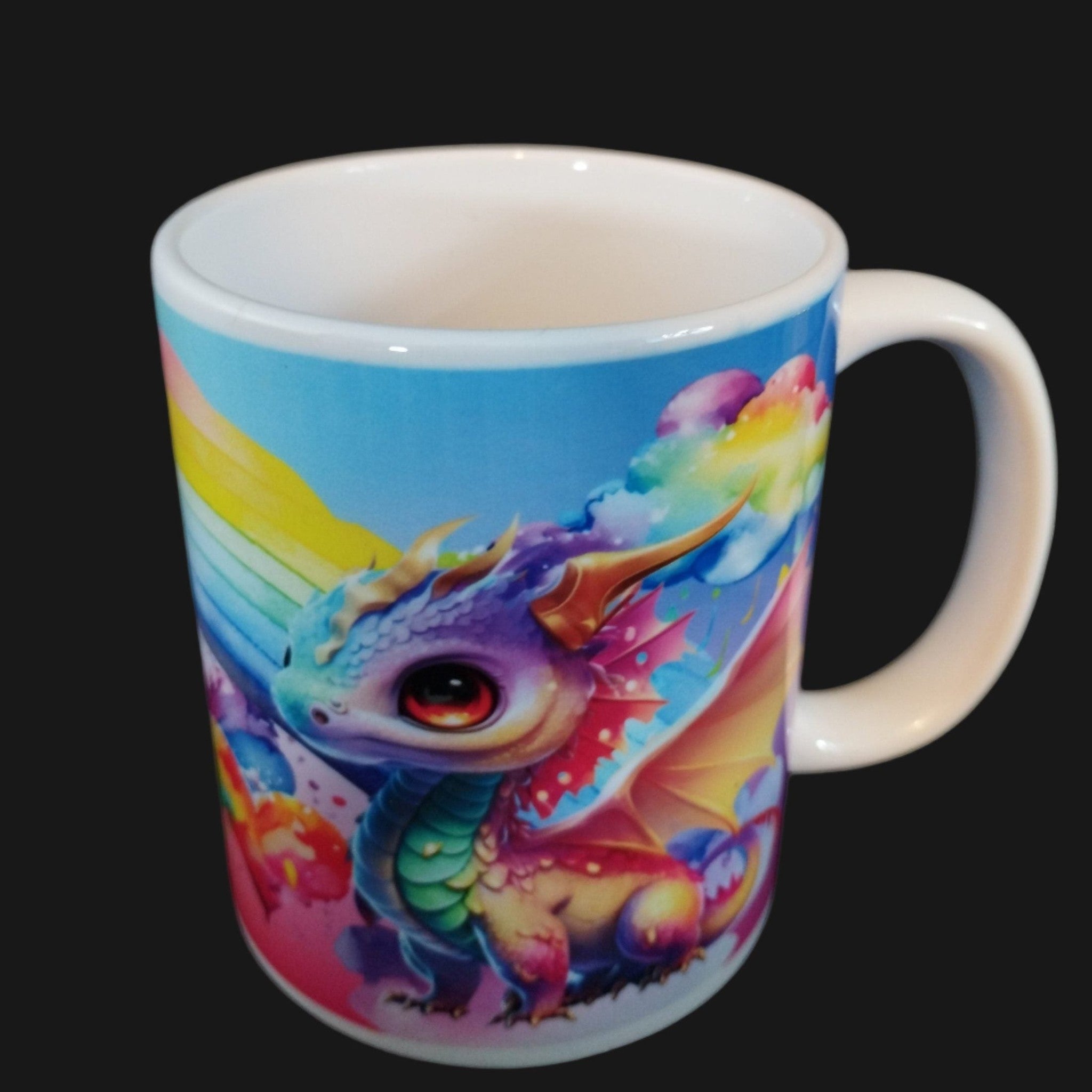 Mug with a colorful dragon design on a black background