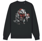 Black sweatshirt with a Christmas-themed design of a raccoon and Santa Claus on a white background