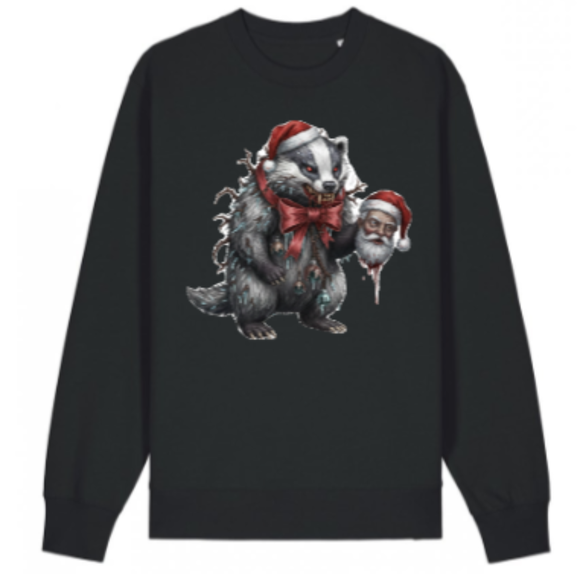 Black sweatshirt with a Christmas-themed design of a raccoon and Santa Claus on a white background