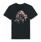 Black t-shirt with a graphic of a badger  wearing Santa hats on a white background