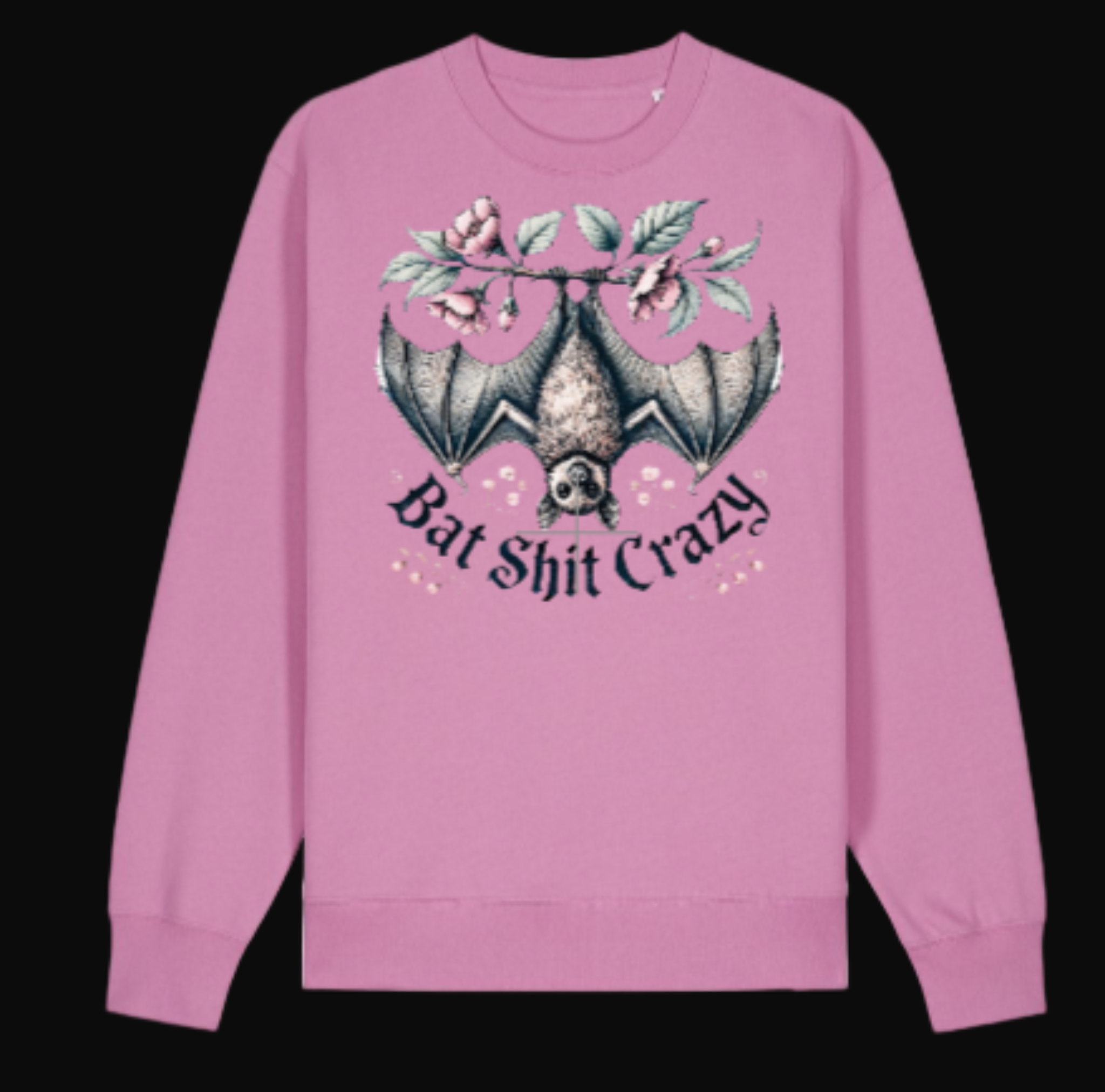 Pink sweatshirt with a bat graphic and text on a white background