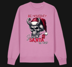 Pink sweatshirt with a skull wearing a Santa hat and text on a white background