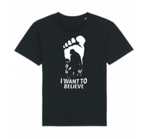 Bigfoot I Want To Believe black graphic t-shirt with white footprint and Sasquatch silhouette design