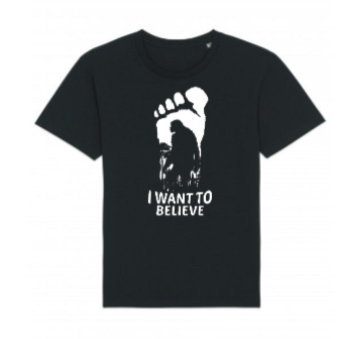 Bigfoot I Want To Believe black graphic t-shirt with white footprint and Sasquatch silhouette design