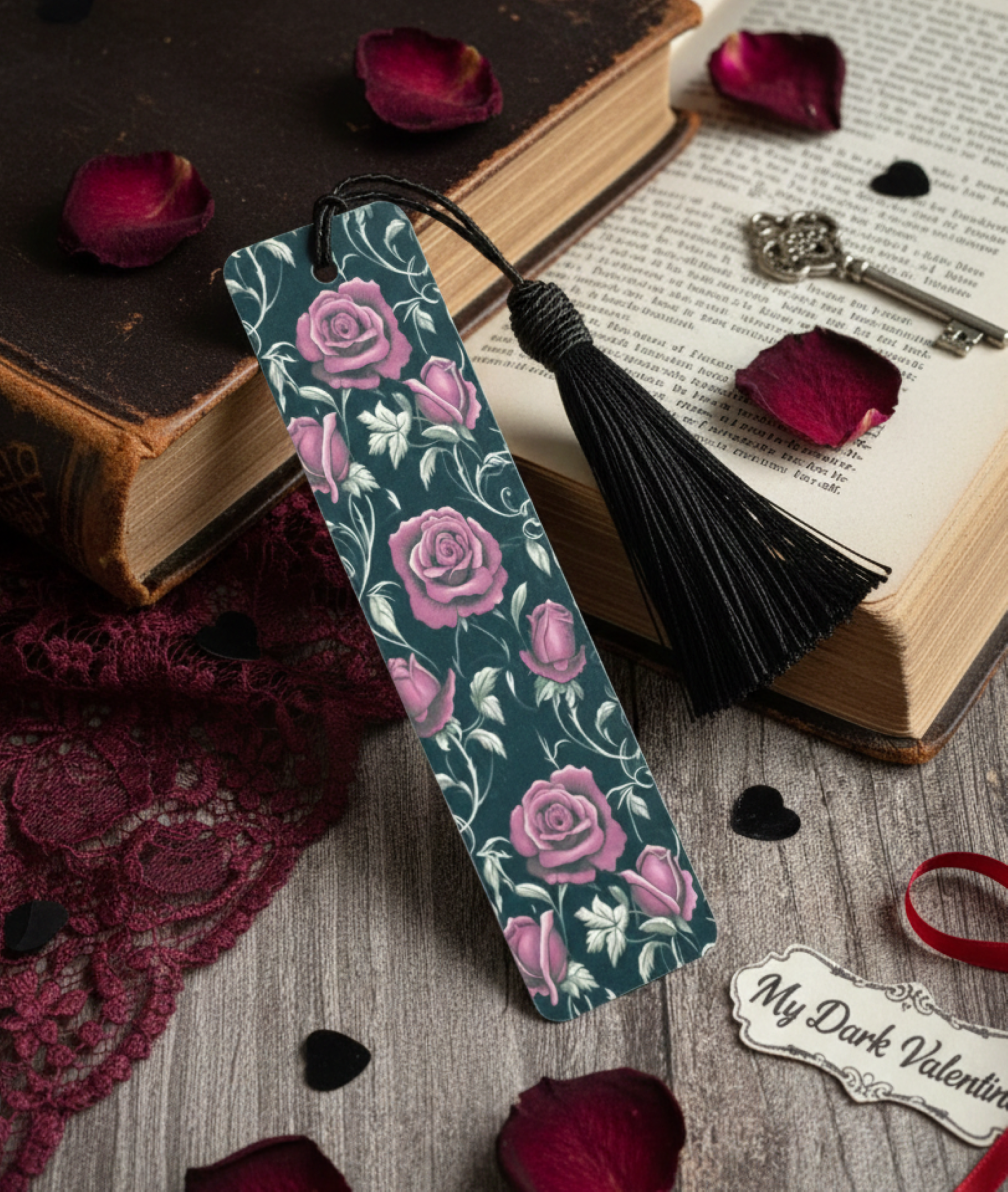 Gothic Roses  Bookmark: Black Roses, Sparkly Tassel