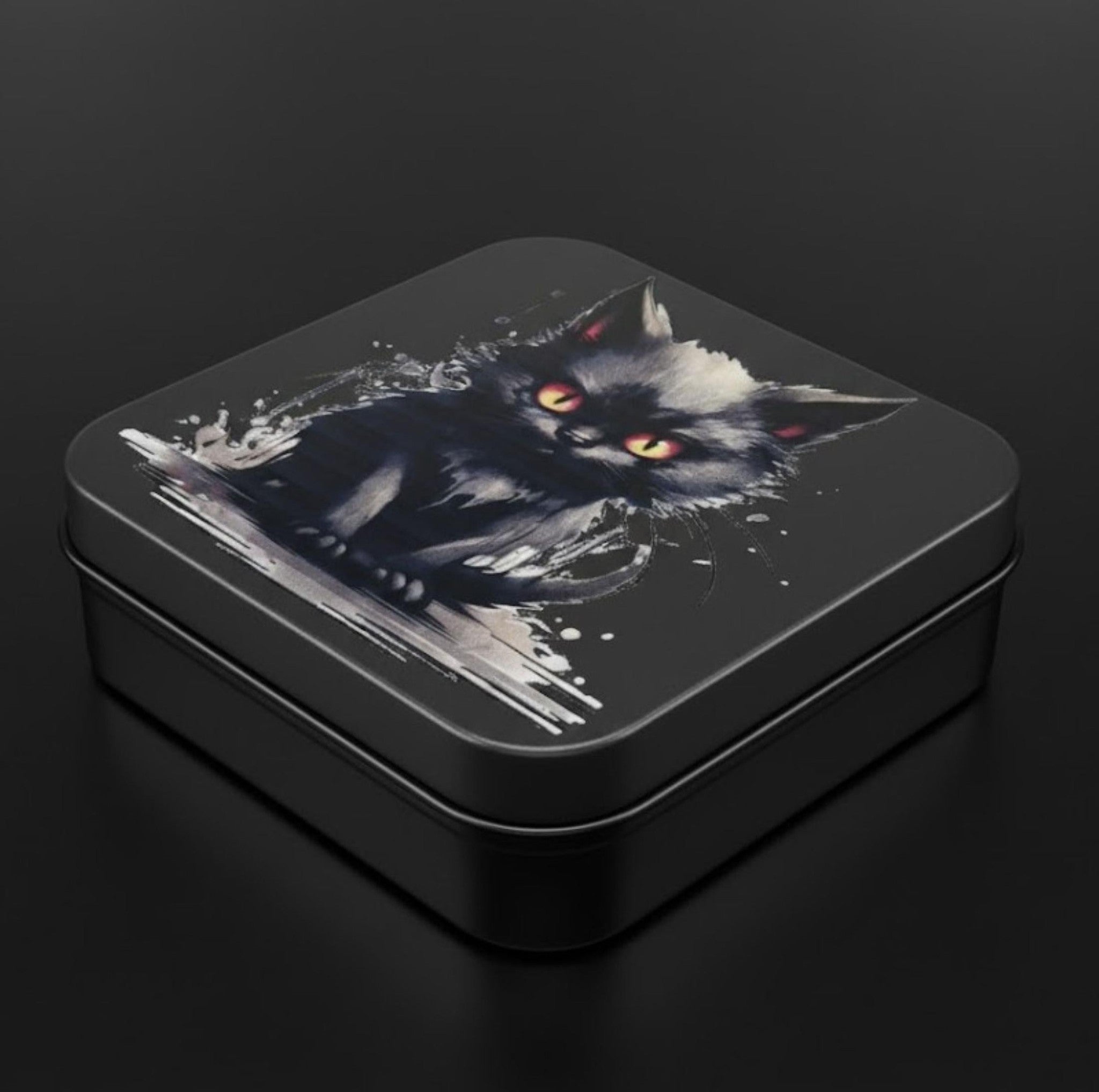 Square tin box with a black cat design on a dark background