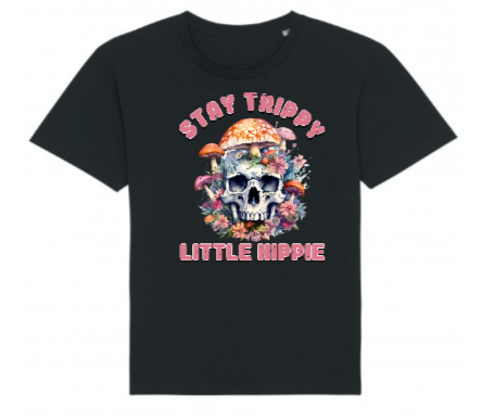 Black t-shirt with a colorful skull design and text on a white background