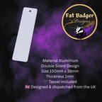 Bookmark info image showing sublimation aluminium bookmark details — double sided, 150mm x 38mm, 1mm thick, tassel included, designed and dispatched from the UK