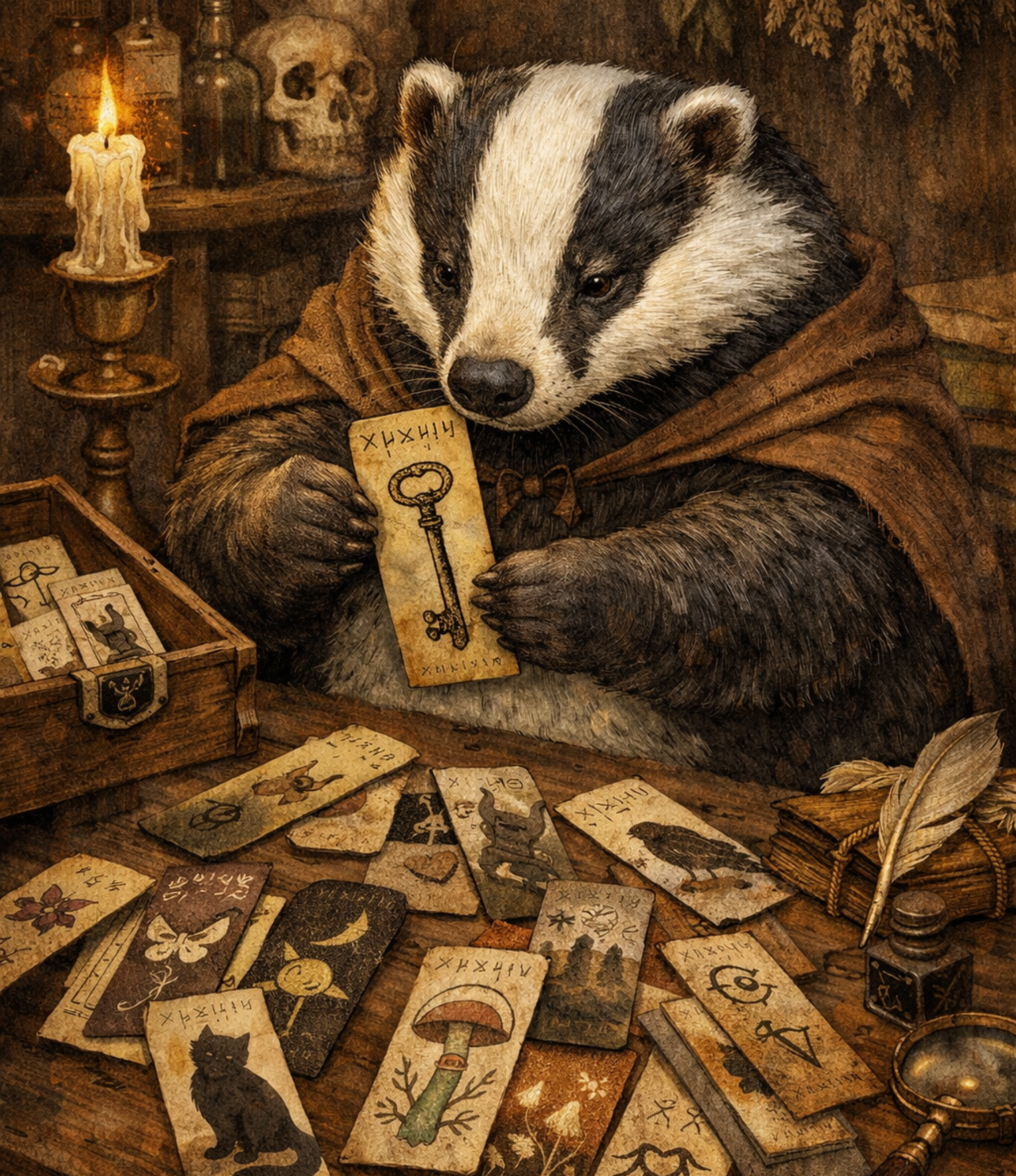 Badger in a robe holding a bookmark among other con a wooden table with candles and bottles in the background