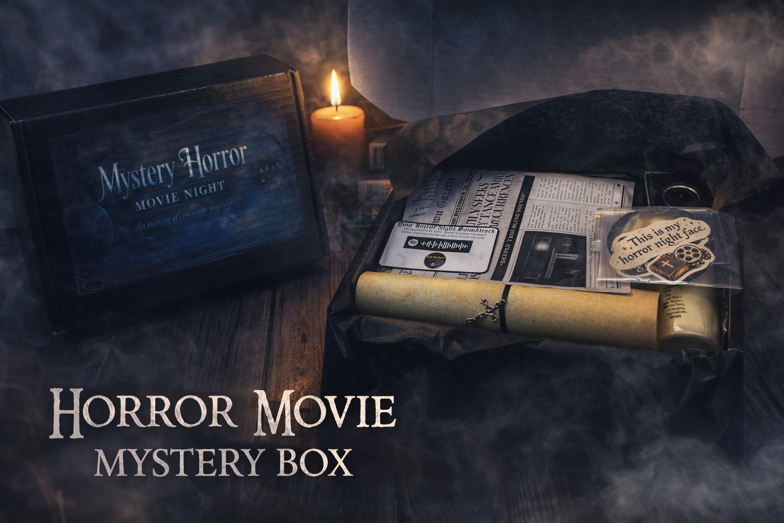 Horror movie mystery box with candle and packaging on a dark background