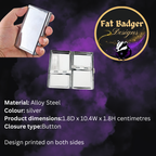 Cigarette case info card showing alloy steel material, silver colour, dimensions 1.8D x 10.4W x 1.8H cm, button closure, design printed on both sides