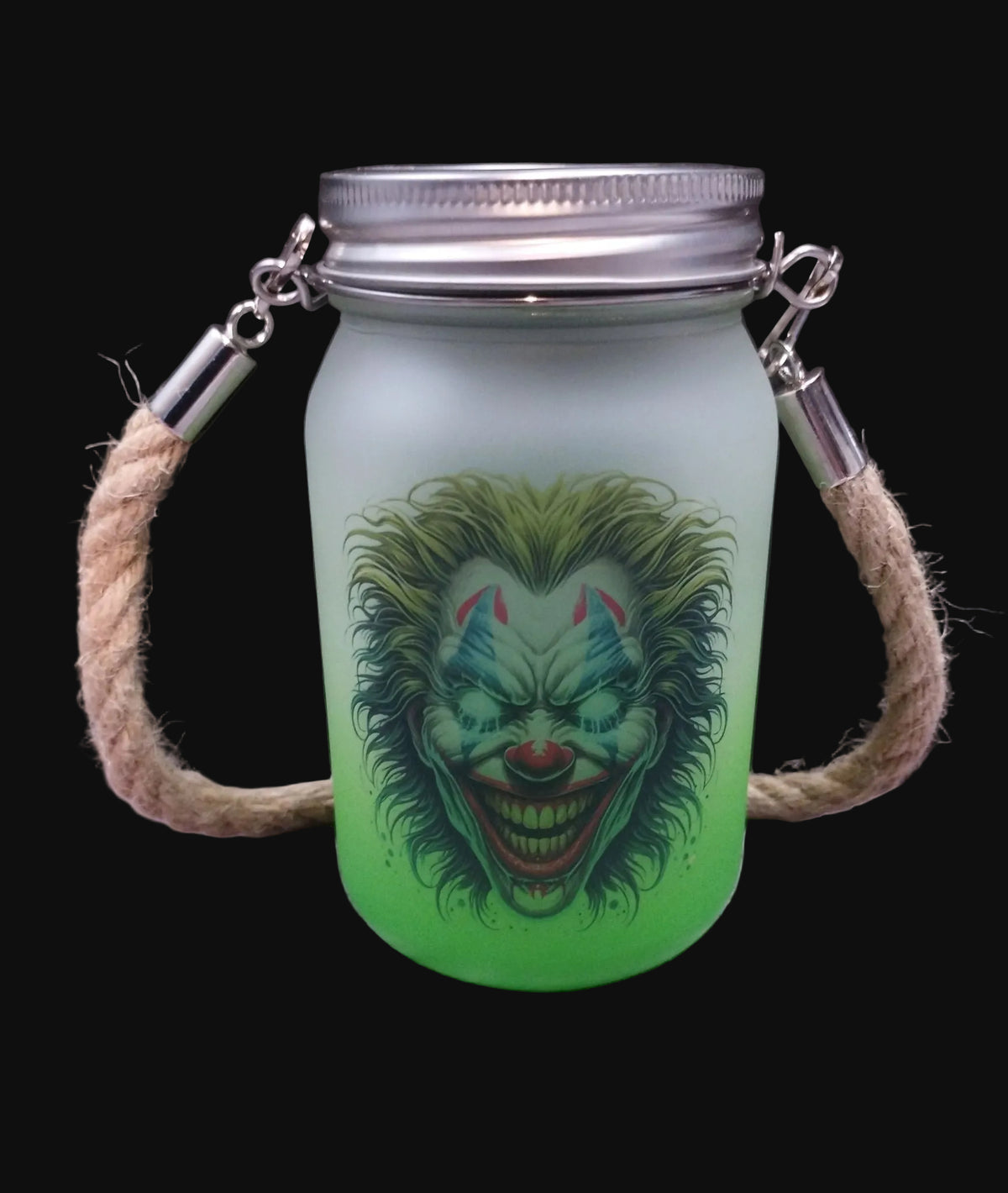Clown solar light mason jar with frosted green gradient glass, rope handle and creepy clown sublimation print