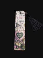 Coffee Is My Love Potion bookmark with black tassel, pink Witches’ Brew cup, witch hat, books and potion bottle artwork