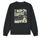 Black sweatshirt with 'I Run on Coffee and Horror Movies' text design.