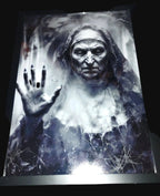 Creepy nun gothic art print displayed in a black frame, with a raised hand, ghostly mist and cobwebs