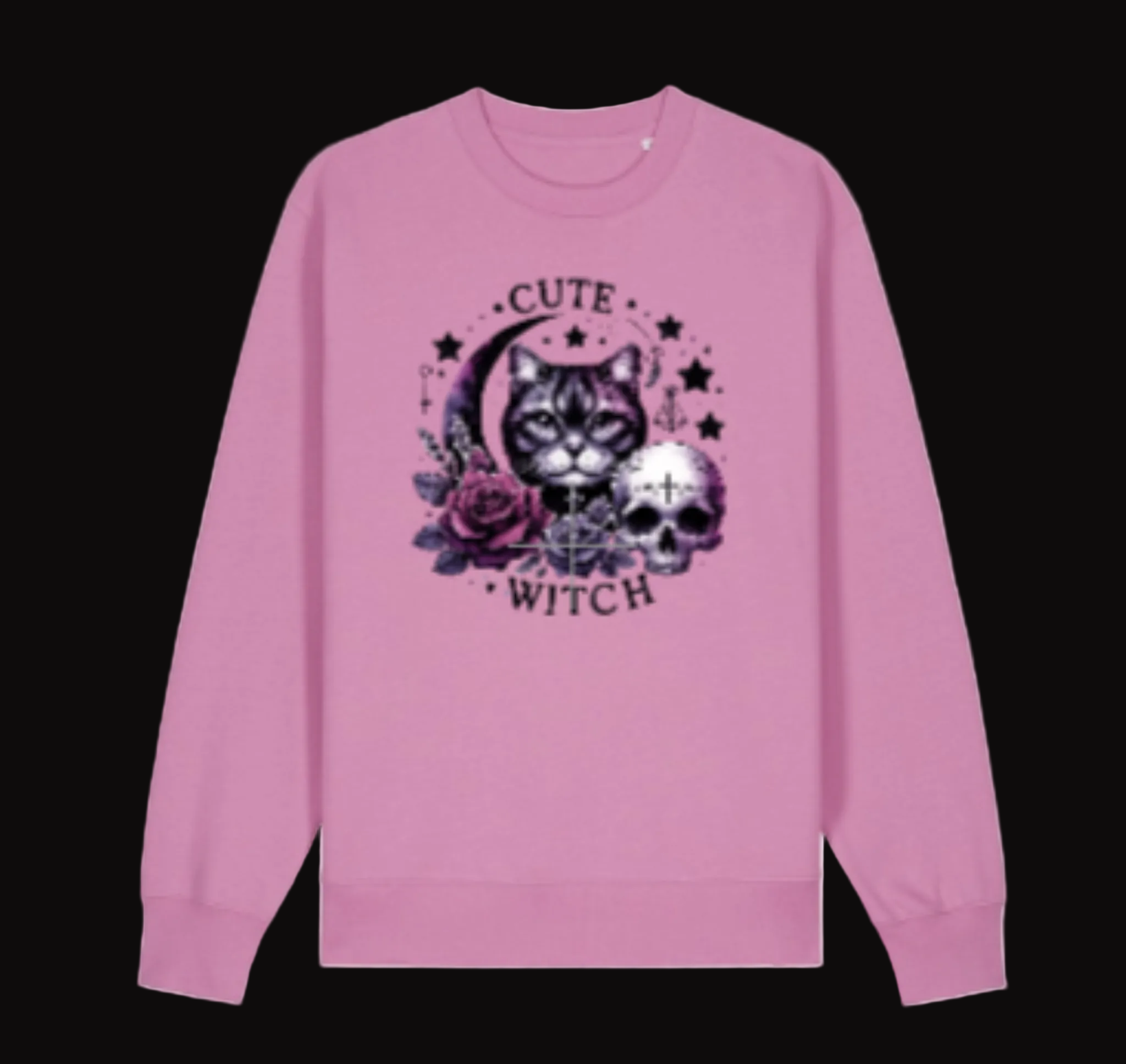 Pink sweatshirt with a cat and skull design and 'Cute Witch' text on a white background